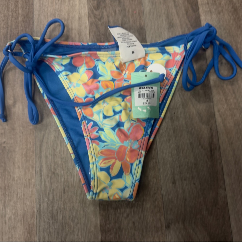 Floral Tie Side Bikini Bottoms Womens‎ Medium Blue Tropical NWT Hygiene Liner